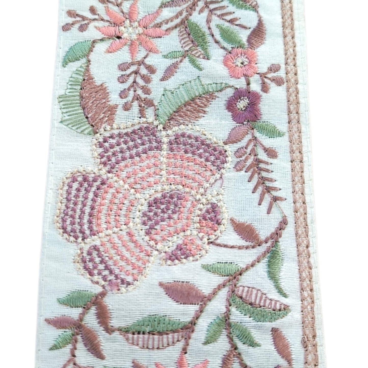 Galon Brodé Écru 7 cm - Fleurs Rose Cuivre Bronze Ocre Ancien