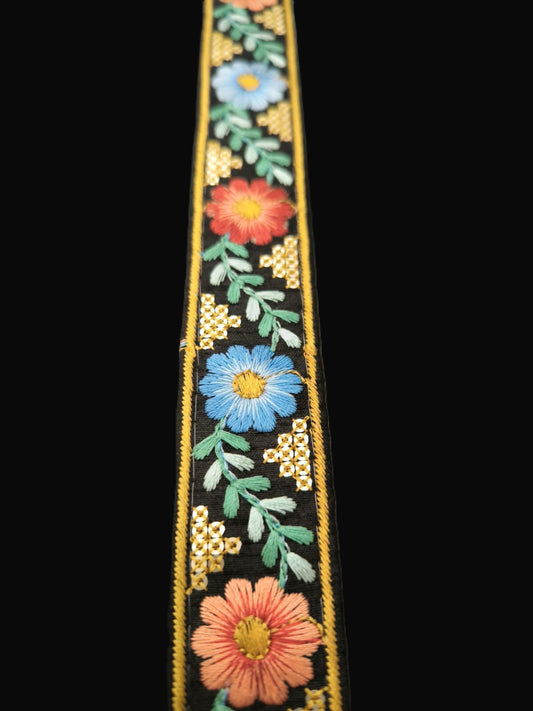 Galon Brodé 3 cm Sequins Dorés - Fleurs Bleu et Bordeaux