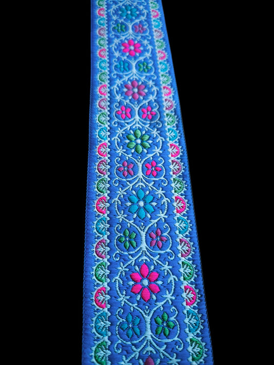 Galon Brodé Bleu Roi 6,4 cm - Fleurs Orange Bleu Rouge Vert
