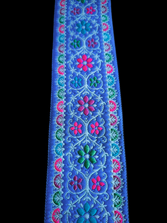 Galon Brodé Bleu Roi 6,4 cm - Fleurs Orange Bleu Rouge Vert