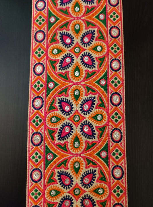 Galon Brodé 9,5 cm - Motifs Géométriques Rose Fuchsia Orange Vert Argent