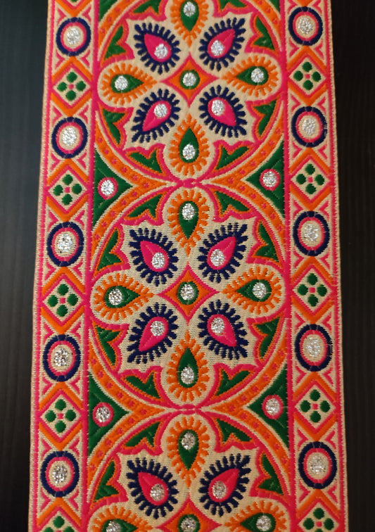 Galon Brodé 9,5 cm - Motifs Géométriques Rose Fuchsia Orange Vert Argent