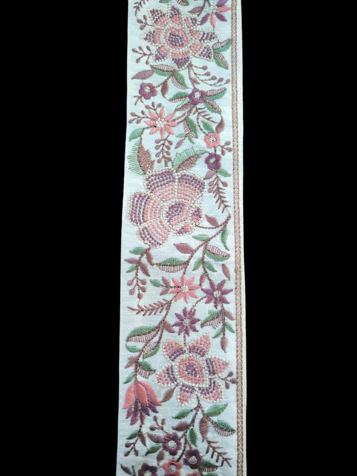 Galon Brodé Écru 7 cm - Fleurs Rose Cuivre Bronze Ocre Ancien