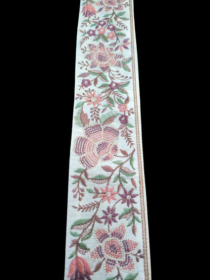 Galon Brodé Écru 7 cm - Fleurs Rose Cuivre Bronze Ocre Ancien