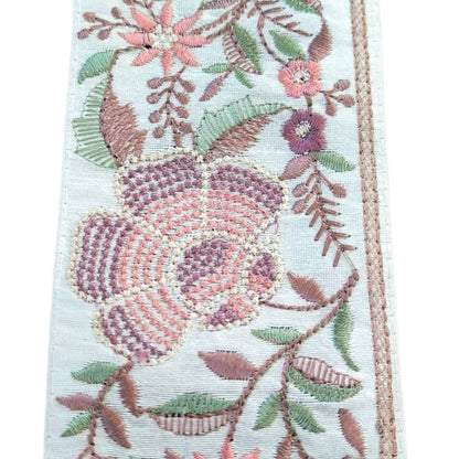 Galon Brodé Écru 7 cm - Fleurs Rose Cuivre Bronze Ocre Ancien