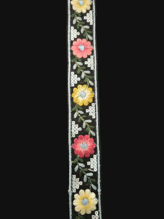 Galon Brodé 3 cm Sequins Argentés - Fleurs Jaune et Bordeaux