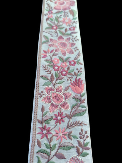 Galon Brodé Écru 7 cm - Fleurs Rose Saumon Ocre Cuivre Ancien