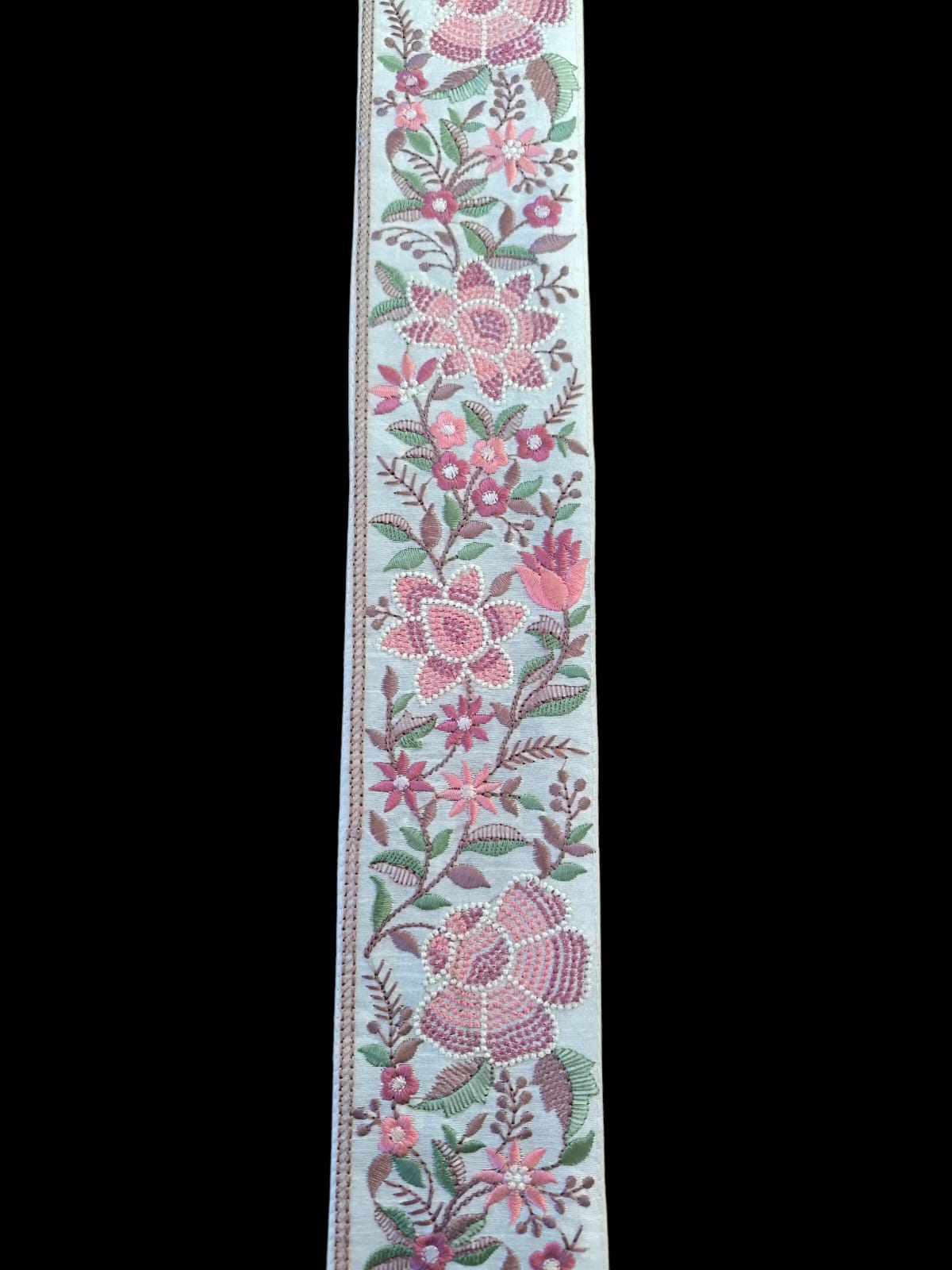 Galon Brodé Écru 7 cm - Fleurs Rose Saumon Ocre Cuivre Ancien